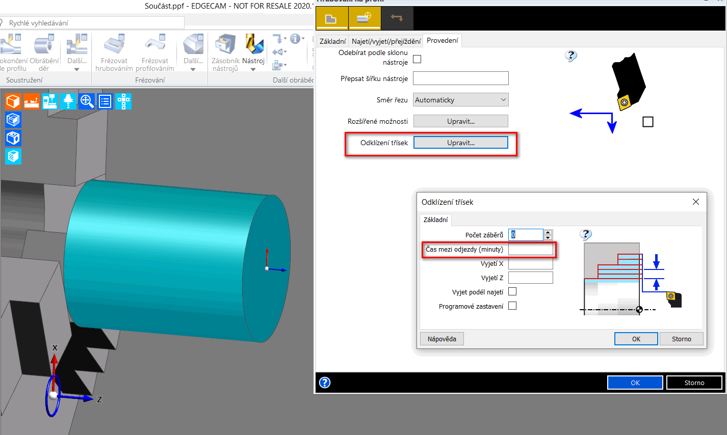 V EDGECAMu 2020.1 byl cyklus hrubování na profil vylepšen o možnost odklízení třísek po časovém úseku, který si nastaví sám technolog. Lze tak efektivně odklízet třísky a zabránit jejich kupení kolem držáku nože. Po uplynutí dané lhůty nástroj odjede do bezpečné vzdálenosti, kterou lze taktéž nastavit. Hrubování na profil - odklízení